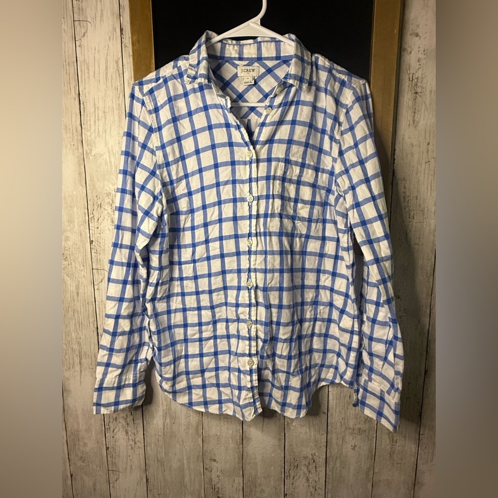 J.Crew Women's Small Checkered Blue and White Button Down